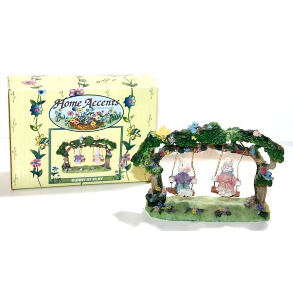 Home Accents Collection 2 Bunny At Play Two Swings Spring Easter Small Decor 5" - Picture 1 of 6